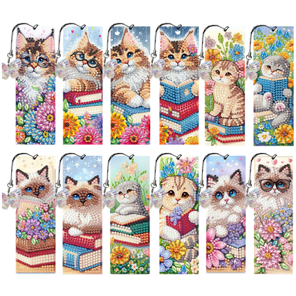 12Pcs Cats Books DIY Diamond Art Painting Bookmark for Reading Enthusiasts