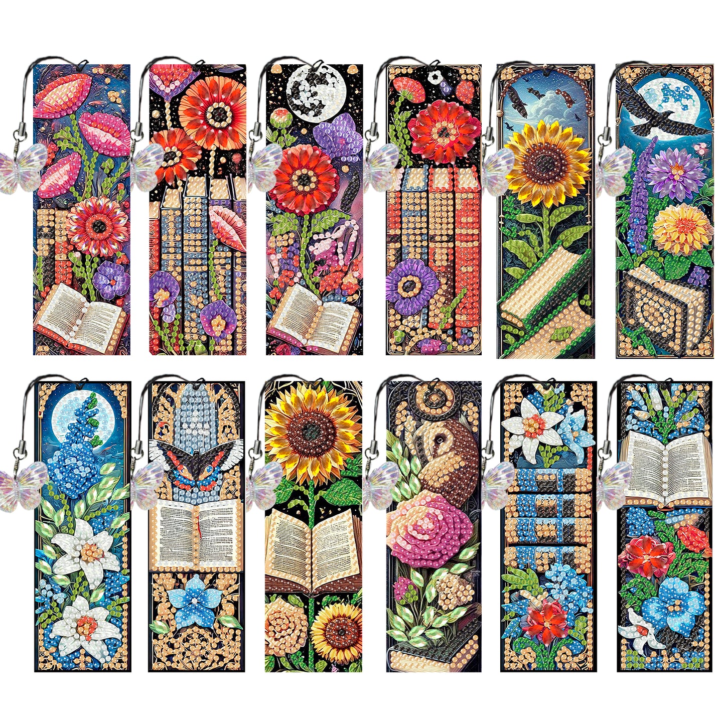12Pcs Books Flowers DIY Diamond Art Painting Bookmark for Reading Enthusiasts