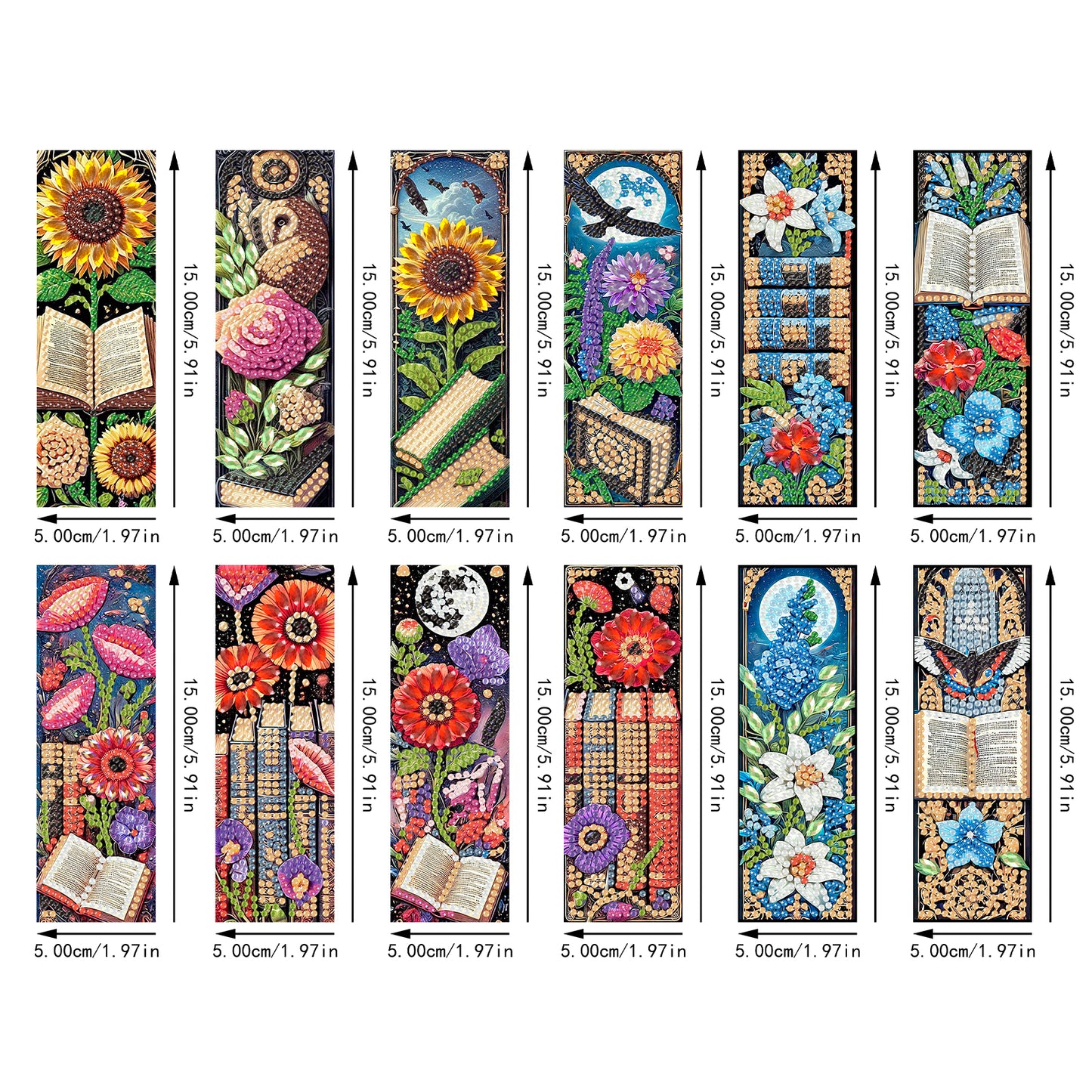 12Pcs Books Flowers DIY Diamond Art Painting Bookmark for Reading Enthusiasts
