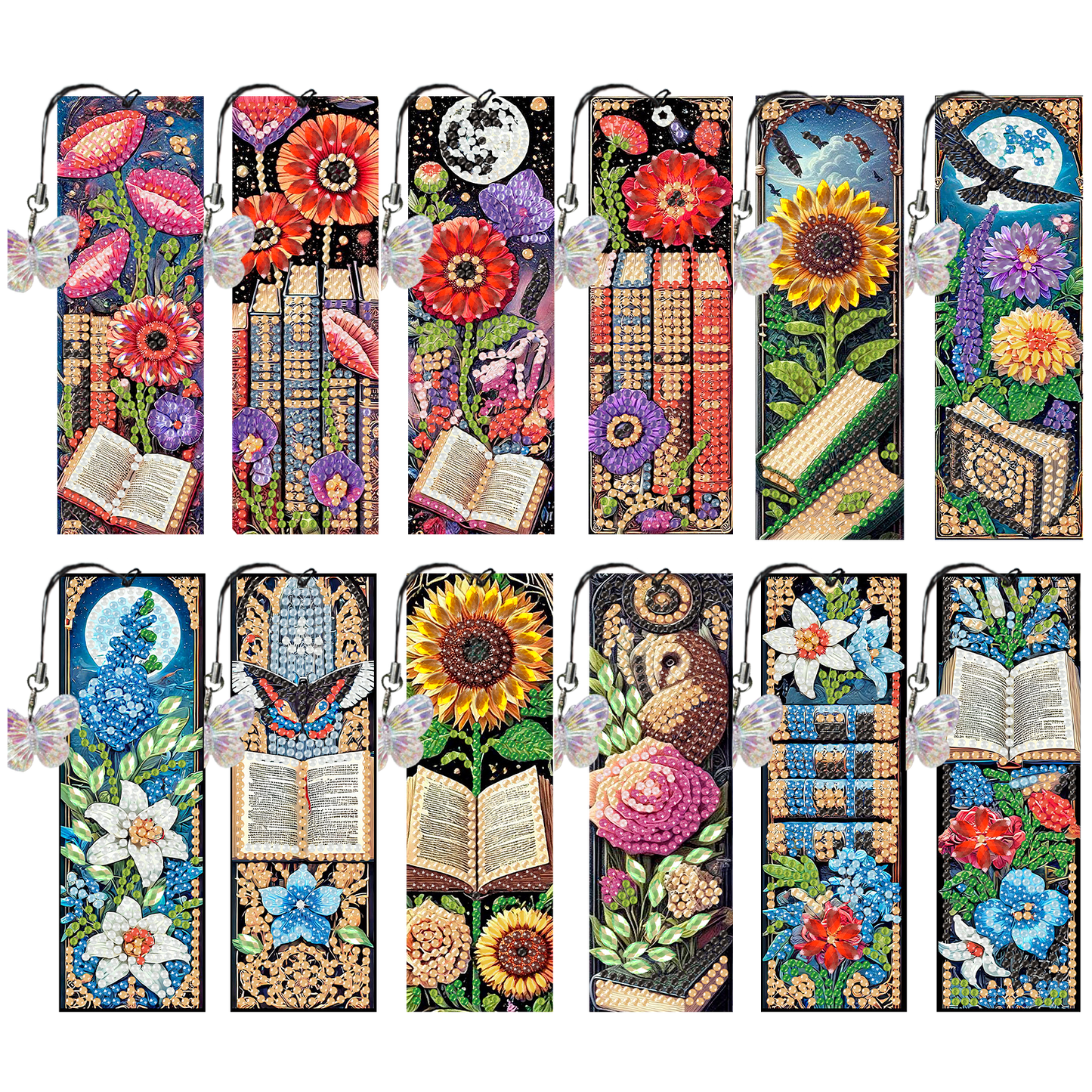 12Pcs Books Flowers DIY Diamond Art Painting Bookmark for Reading Enthusiasts