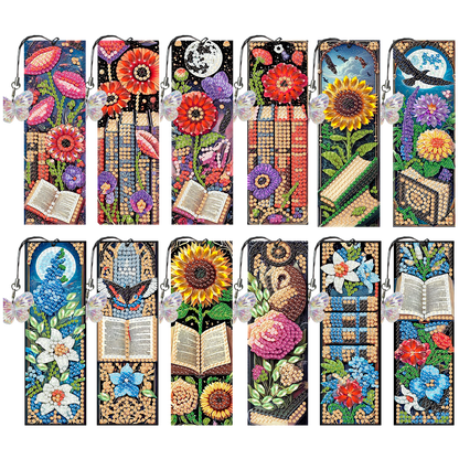 12Pcs Books Flowers DIY Diamond Art Painting Bookmark for Reading Enthusiasts