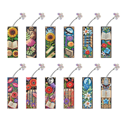 12Pcs Books Flowers DIY Diamond Art Painting Bookmark for Reading Enthusiasts