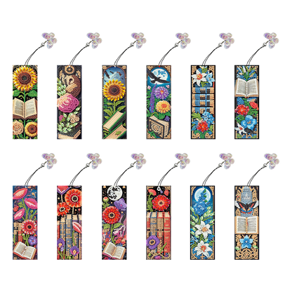 12Pcs Books Flowers DIY Diamond Art Painting Bookmark for Reading Enthusiasts