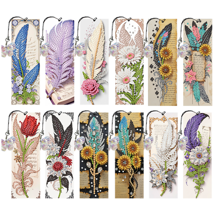 12Pcs Feathers Flowers DIY Diamond Art Painting Bookmark for Reading Enthusiasts