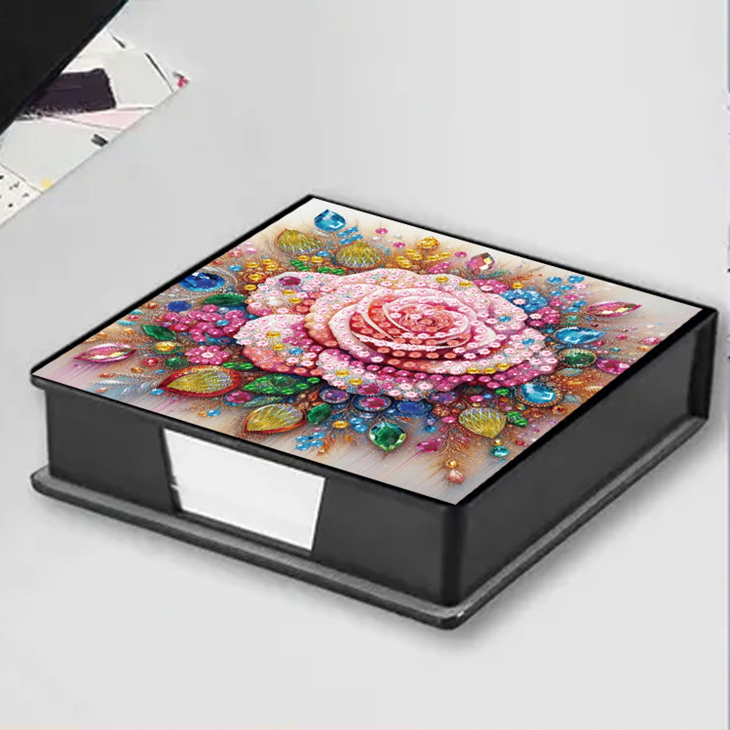 Flower PU DIY 5D Diamond Painting Note Box w/160 Sheet for Home Office School