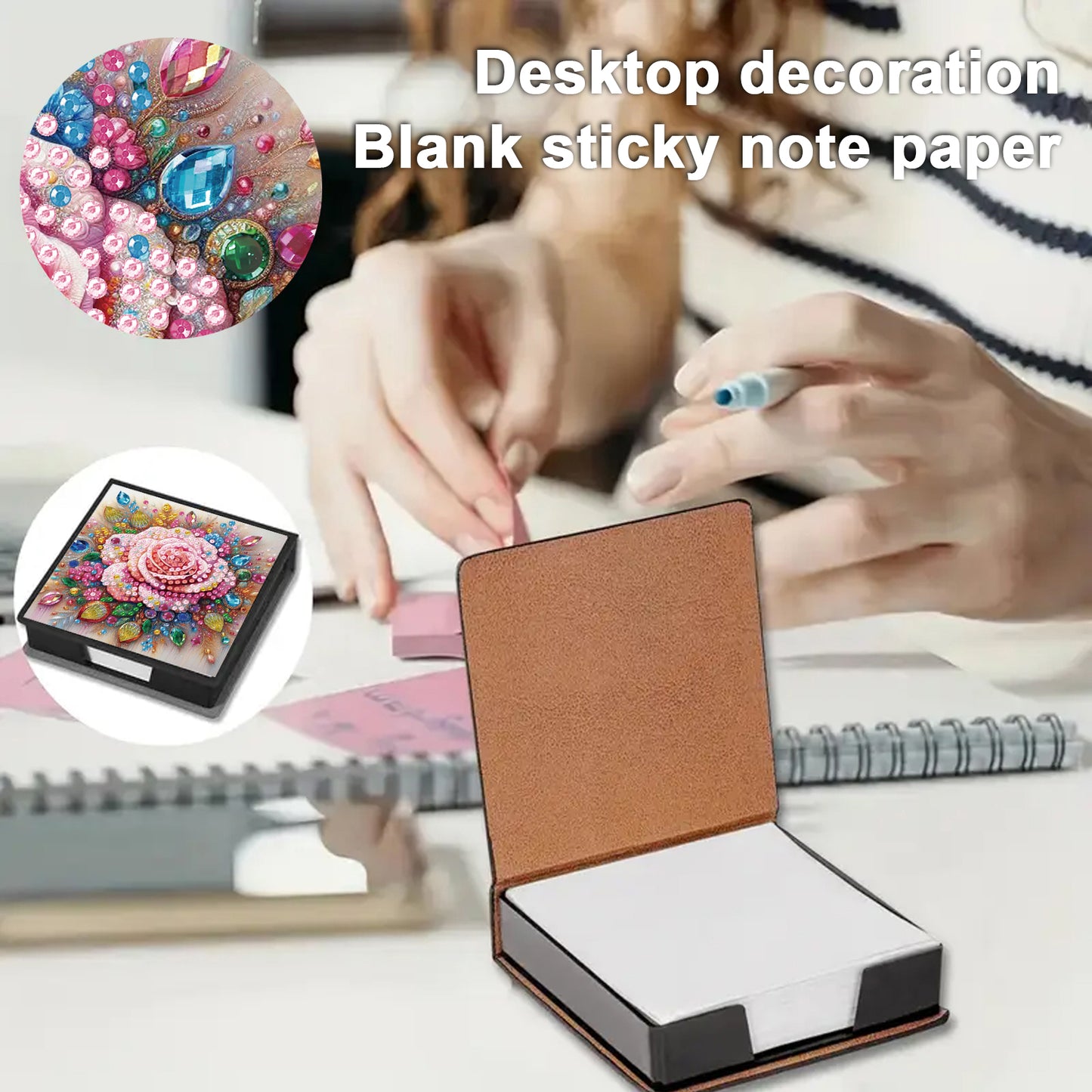 Flower PU DIY 5D Diamond Painting Note Box w/160 Sheet for Home Office School
