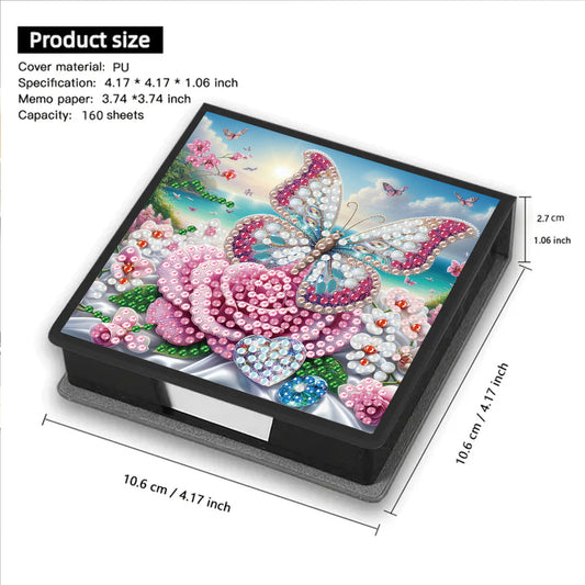 Butterfly and Flower PU DIY 5D Diamond Painting Note Box w/160 Sheets for Office