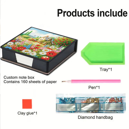 Cottage Garden PU DIY 5D Diamond Painting Note Box w/160 Sheets for Office Home