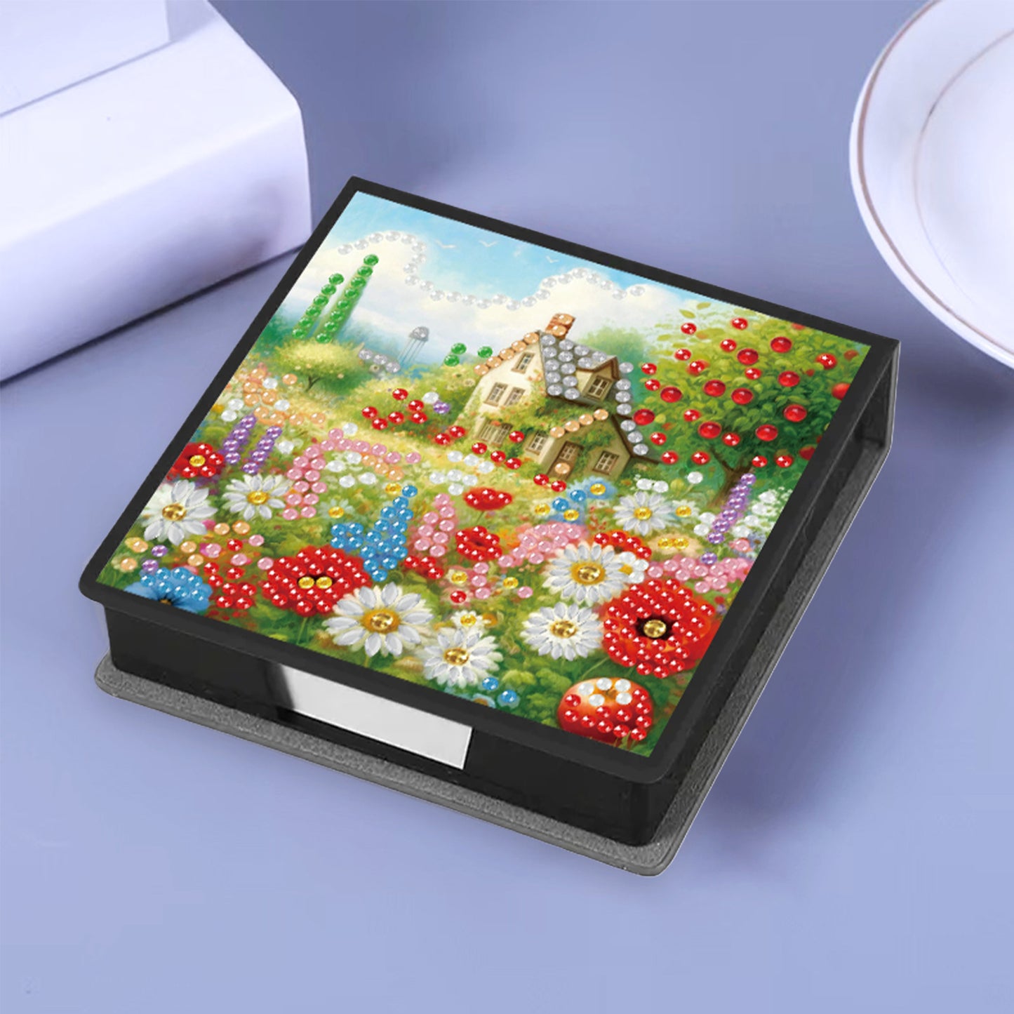 Cottage Garden PU DIY 5D Diamond Painting Note Box w/160 Sheets for Office Home