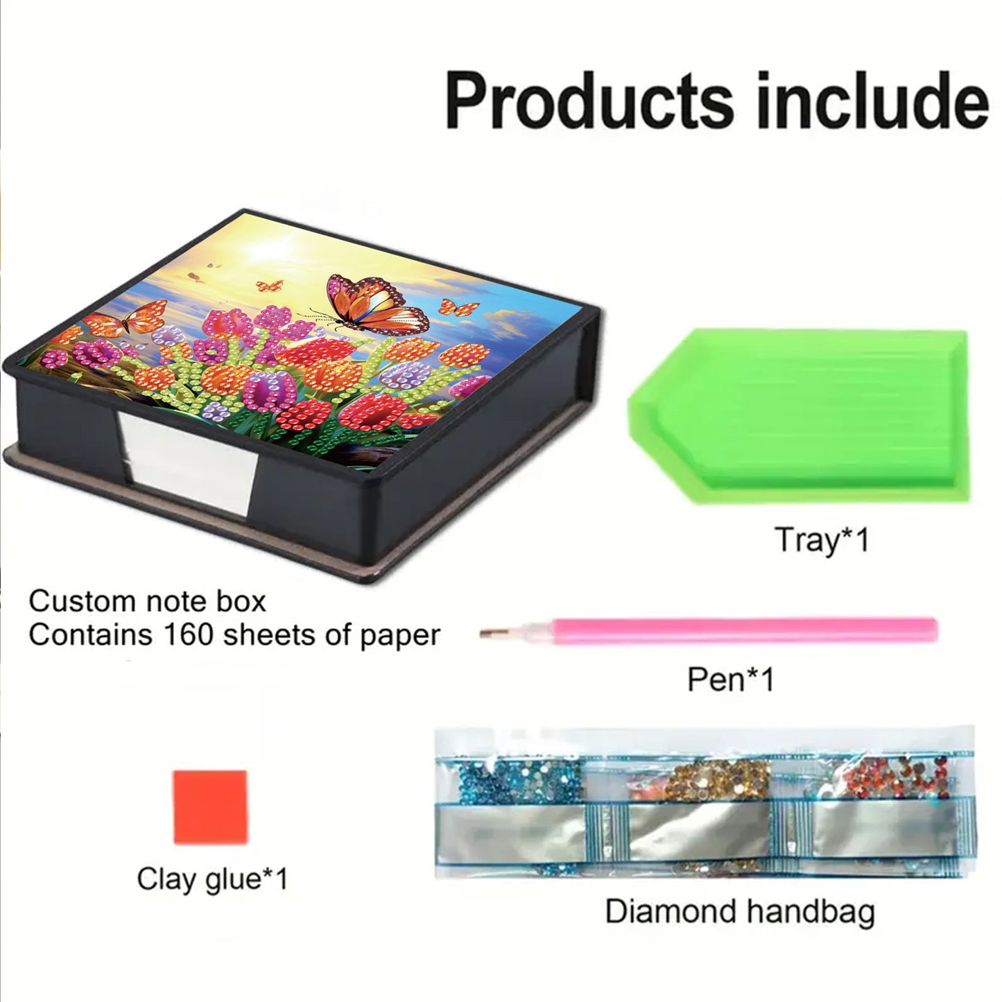 Tulips PU DIY 5D Diamond Painting Note Box w/160 Sheets for Office Home School