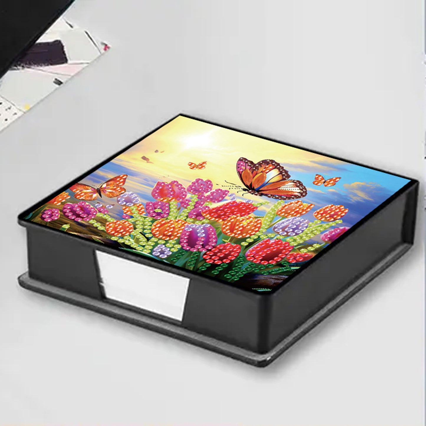Tulips PU DIY 5D Diamond Painting Note Box w/160 Sheets for Office Home School
