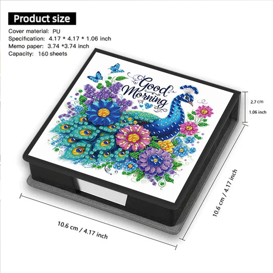Blue Peacock PU DIY 5D Diamond Painting Note Box w/160 Sheets for Office Home
