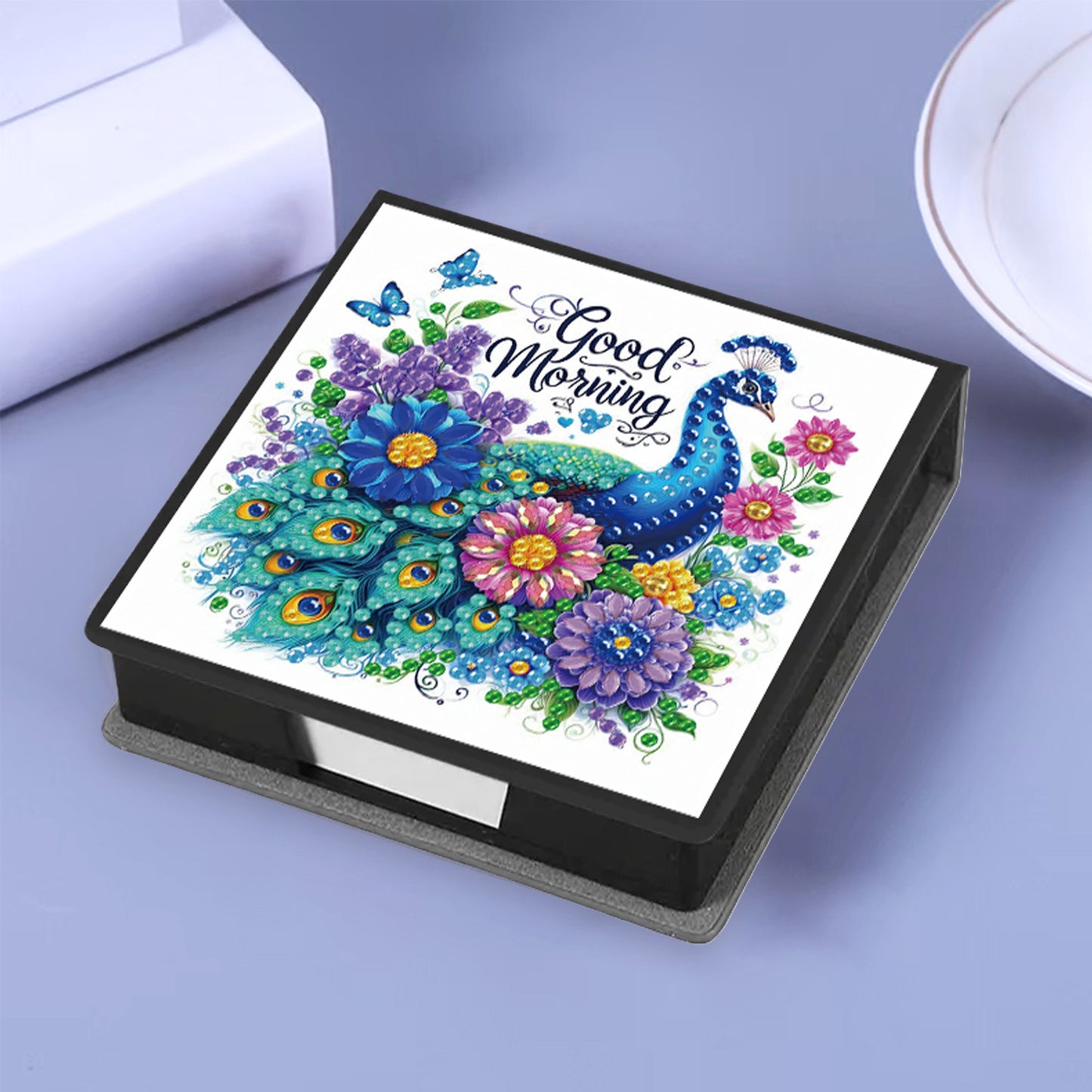Blue Peacock PU DIY 5D Diamond Painting Note Box w/160 Sheets for Office Home