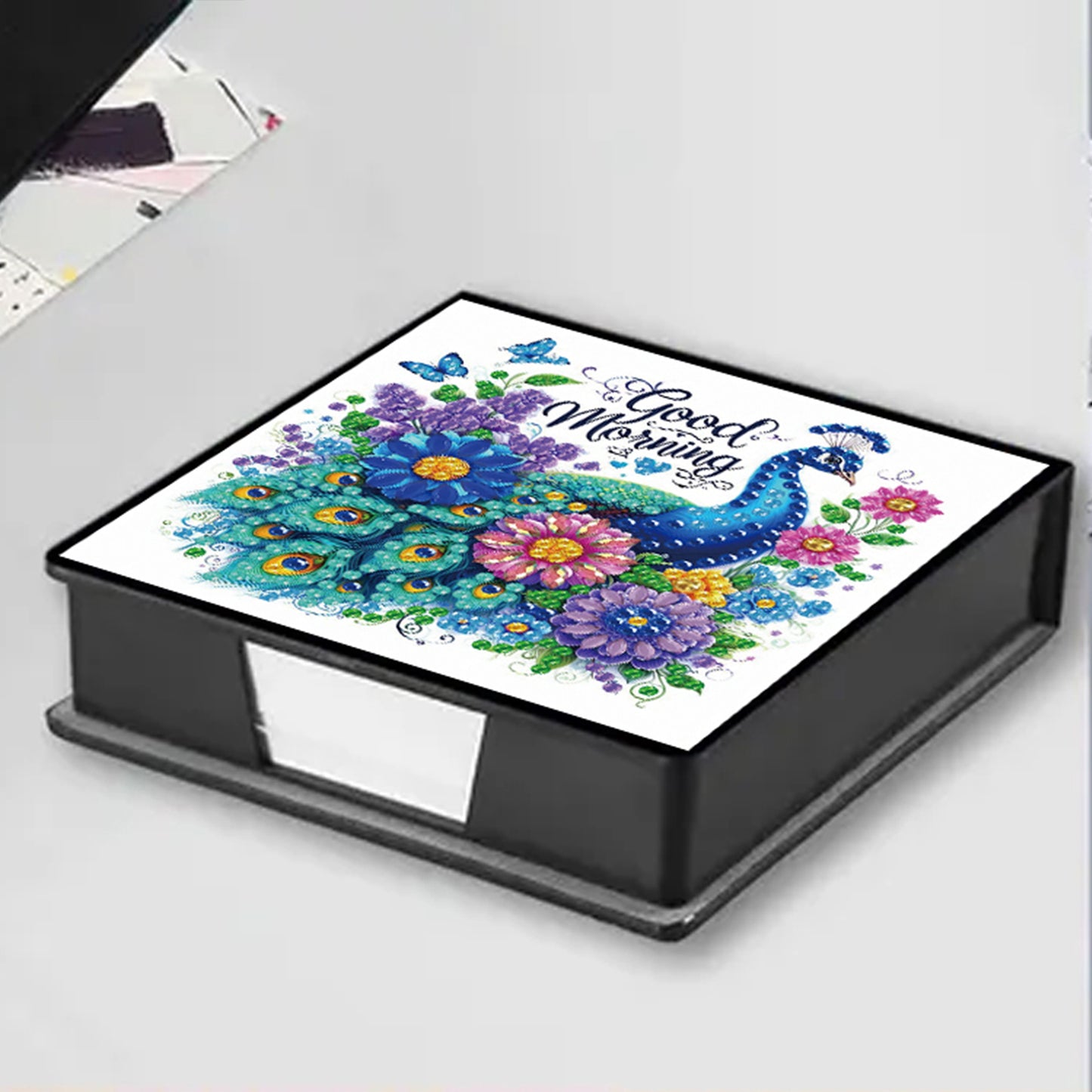 Blue Peacock PU DIY 5D Diamond Painting Note Box w/160 Sheets for Office Home