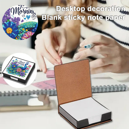 Blue Peacock PU DIY 5D Diamond Painting Note Box w/160 Sheets for Office Home