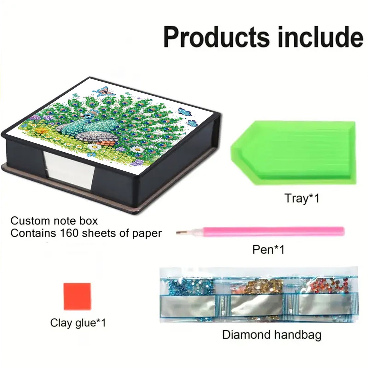 Green Peacock PU DIY 5D Diamond Painting Note Box w/160 Sheets for Office Home