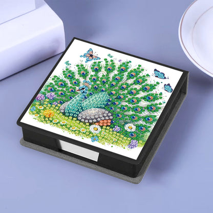 Green Peacock PU DIY 5D Diamond Painting Note Box w/160 Sheets for Office Home