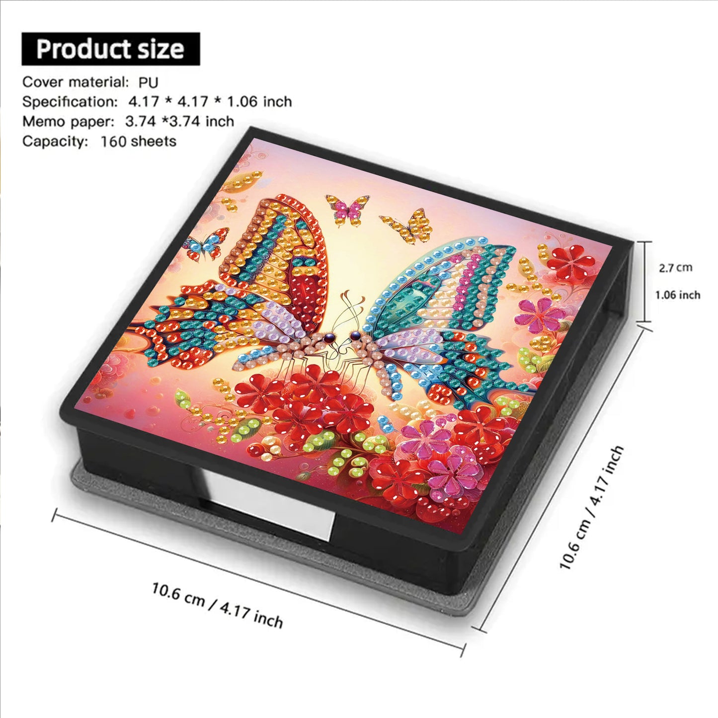 Two Butterflies PU DIY 5D Diamond Painting Note Box w/160 Sheets for Office Home