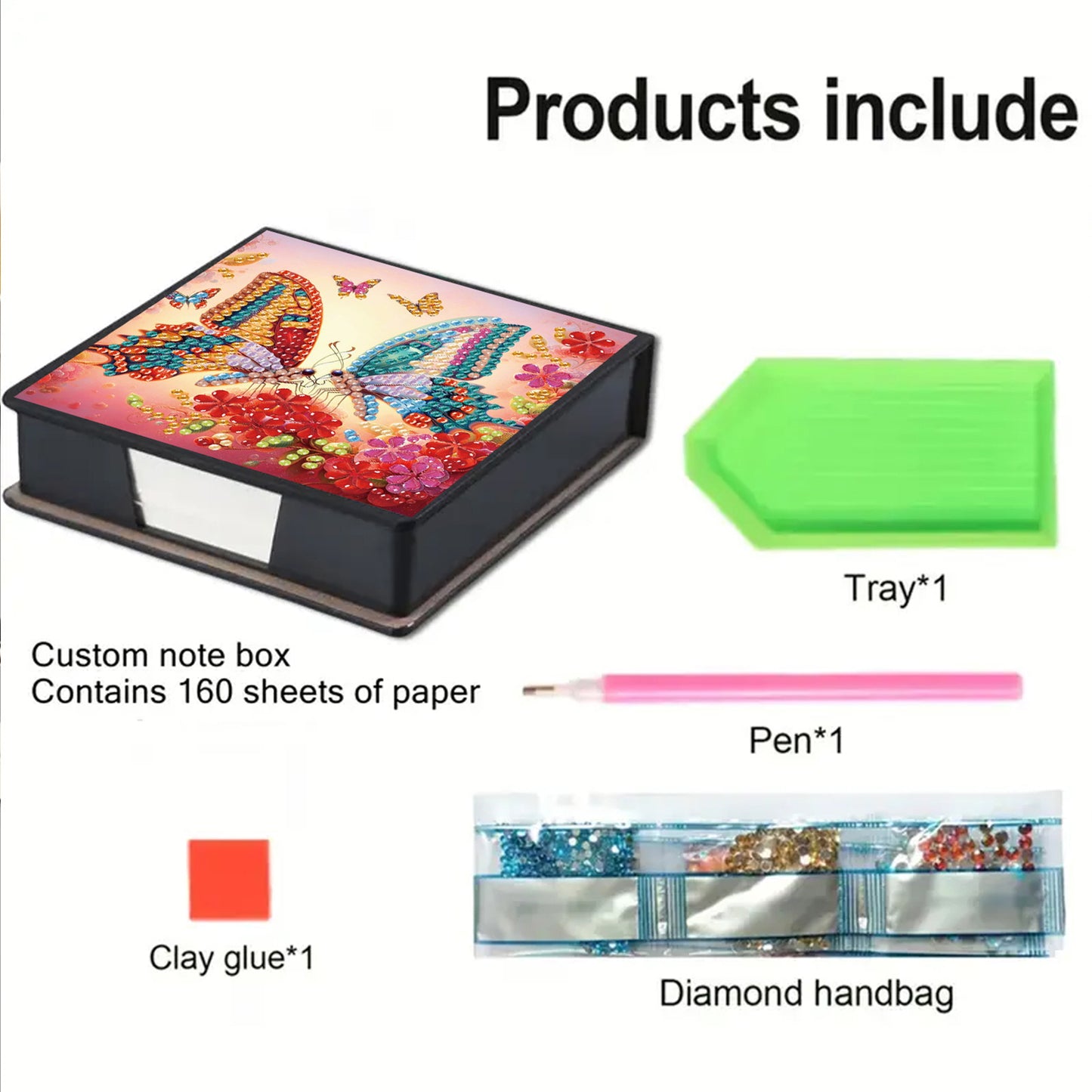 Two Butterflies PU DIY 5D Diamond Painting Note Box w/160 Sheets for Office Home