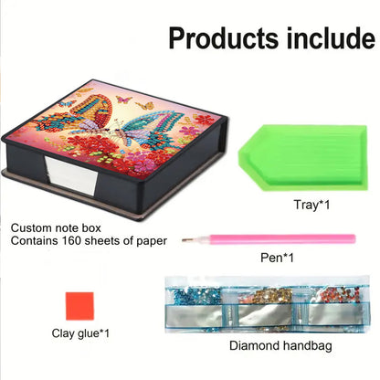 Two Butterflies PU DIY 5D Diamond Painting Note Box w/160 Sheets for Office Home