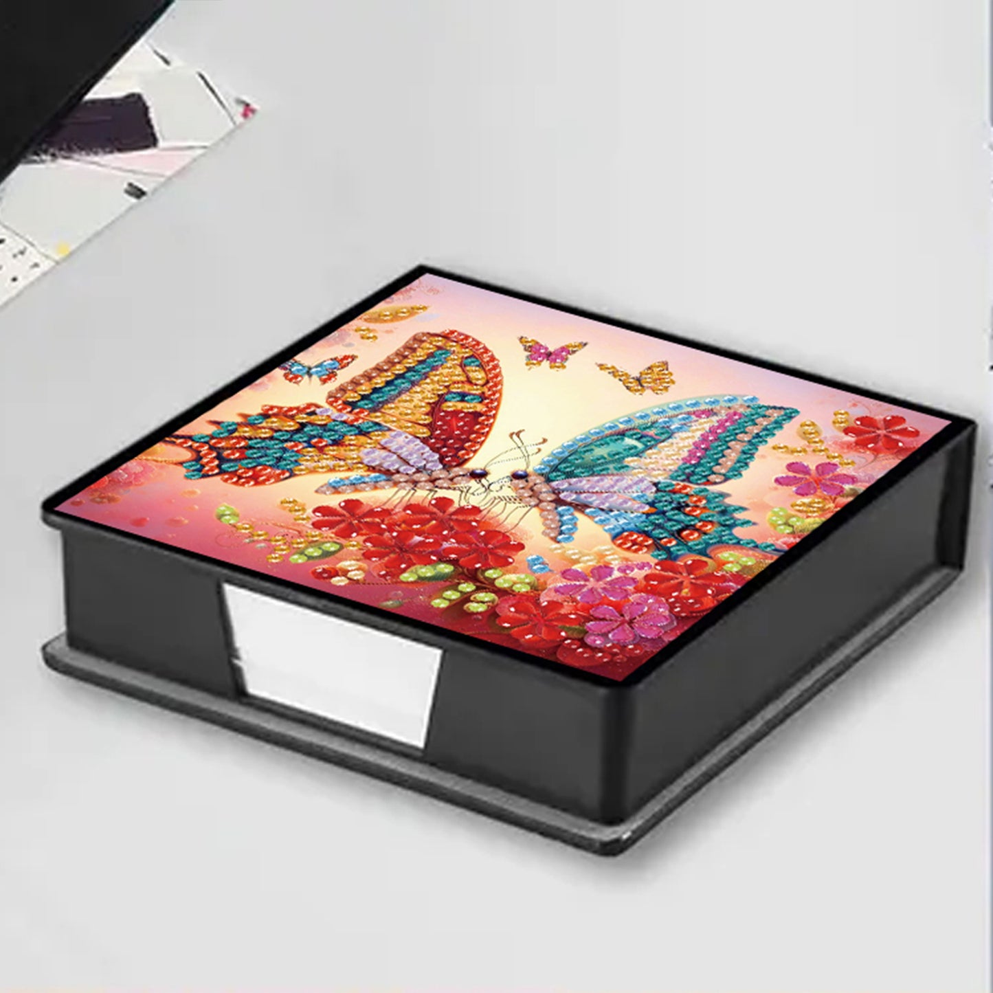 Two Butterflies PU DIY 5D Diamond Painting Note Box w/160 Sheets for Office Home