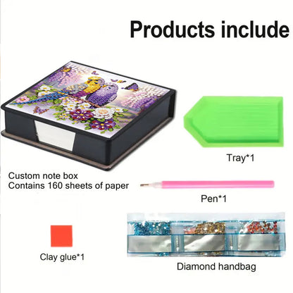 Bird PU DIY 5D Diamond Painting Note Box w/160 Sheets for Office Home School