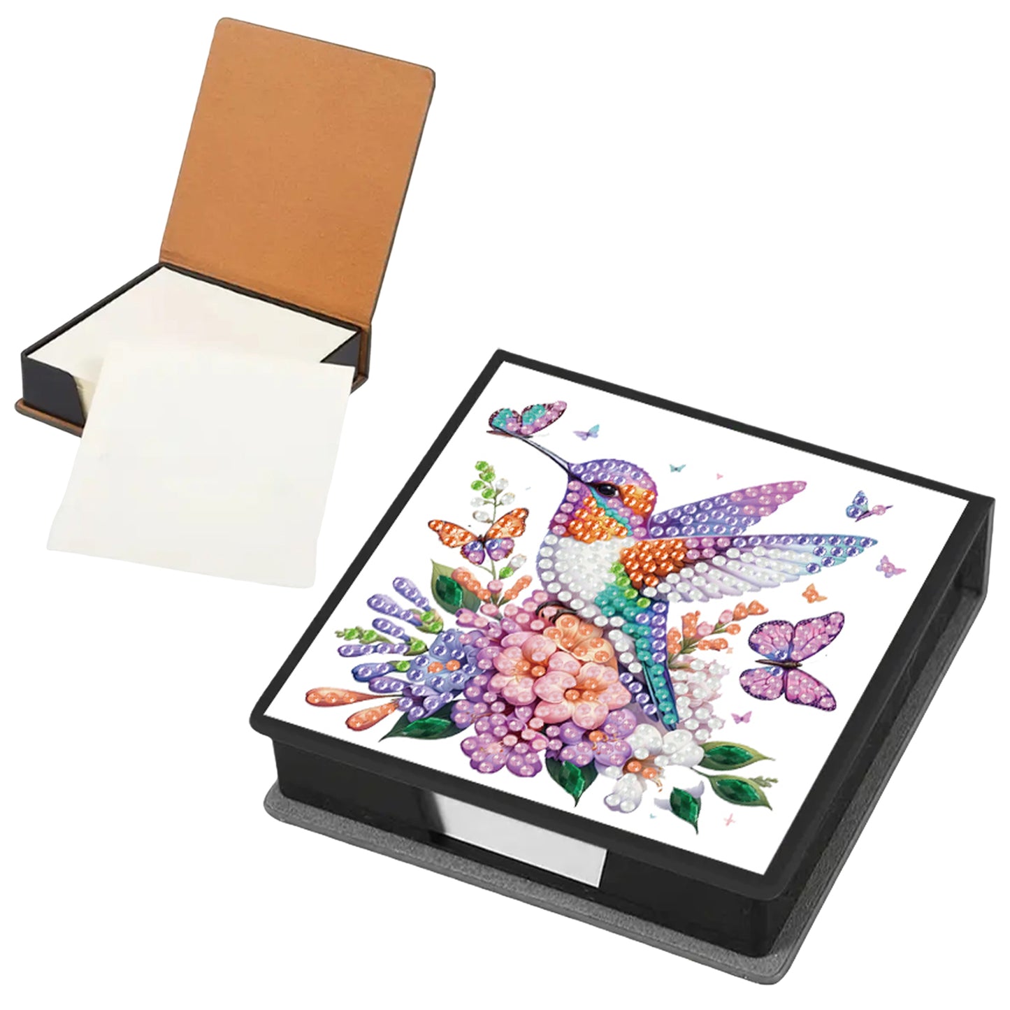 Flowers Birds PU DIY 5D Diamond Painting Note Box w/160 Sheet for Office Home(A)