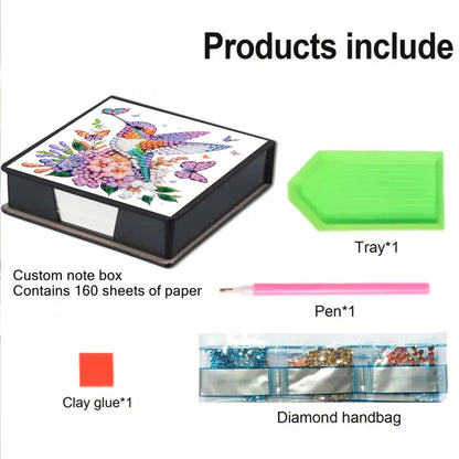 Flowers Birds PU DIY 5D Diamond Painting Note Box w/160 Sheet for Office Home(A)