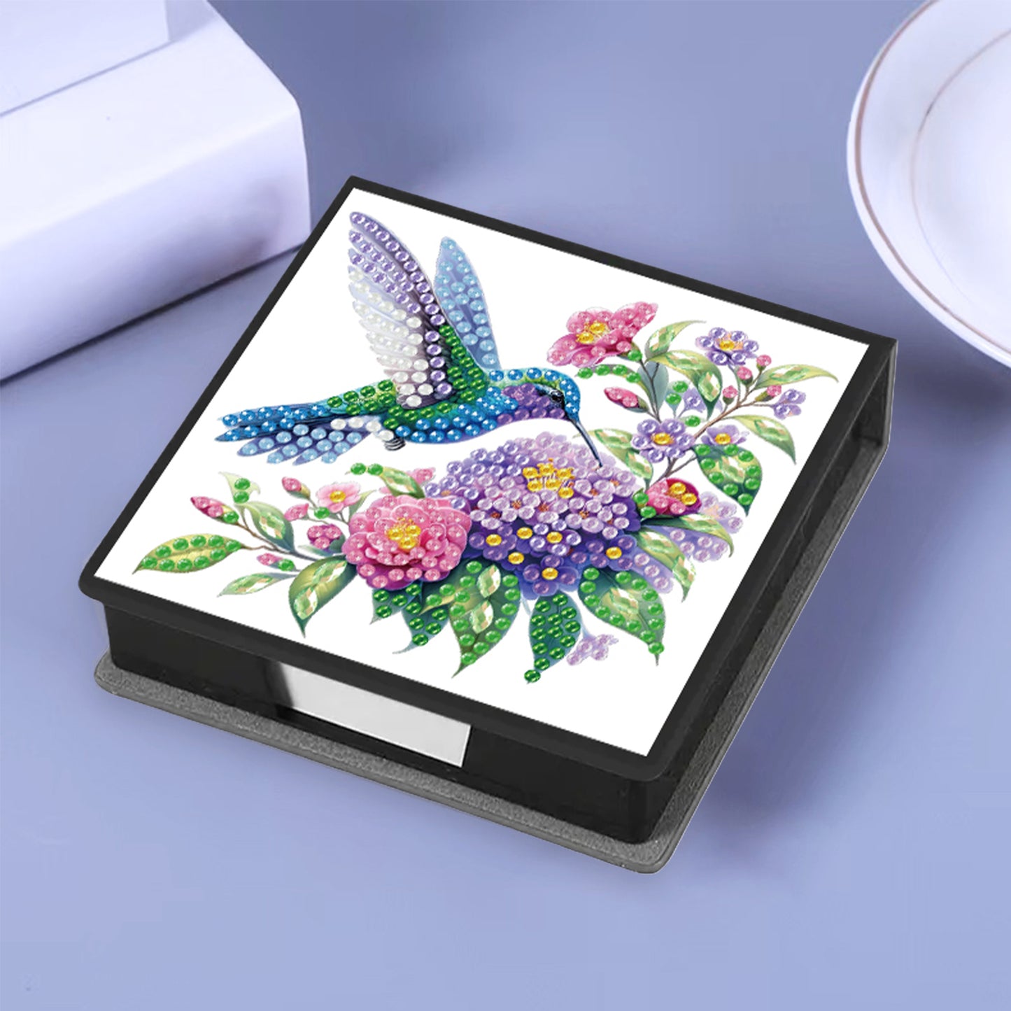 Flowers Birds PU DIY 5D Diamond Painting Note Box w/160 Sheet for Office Home(B)
