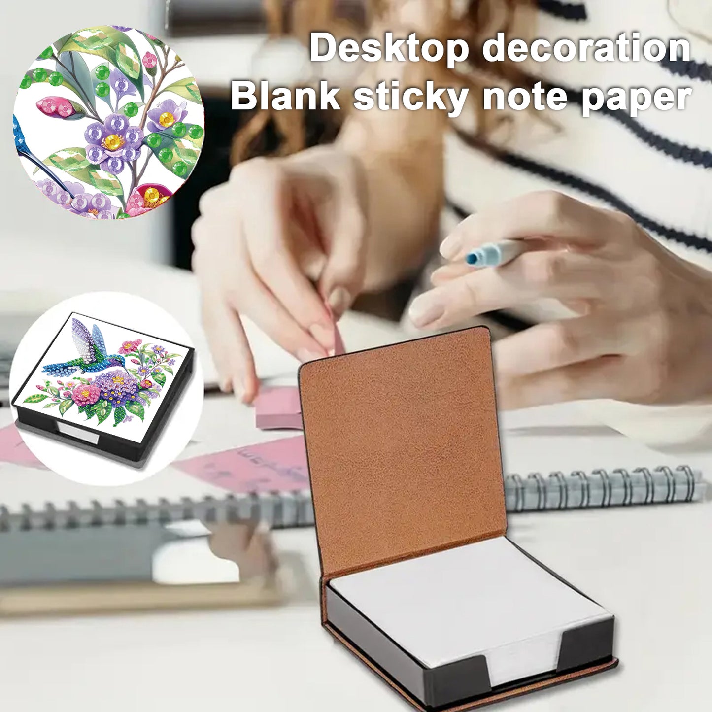 Flowers Birds PU DIY 5D Diamond Painting Note Box w/160 Sheet for Office Home(B)