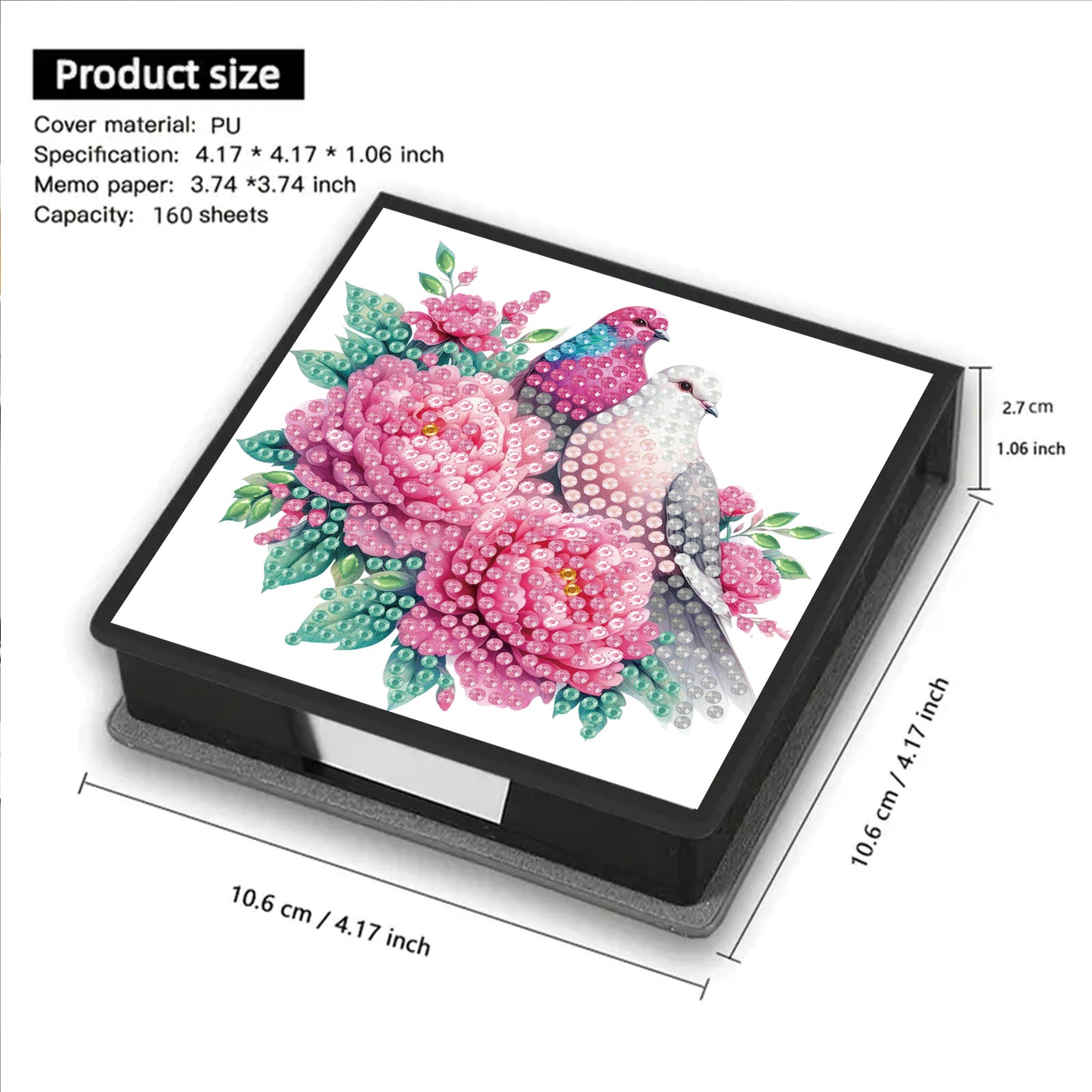Flowers Birds PU DIY 5D Diamond Painting Note Box w/160 Sheet for Office Home(C)