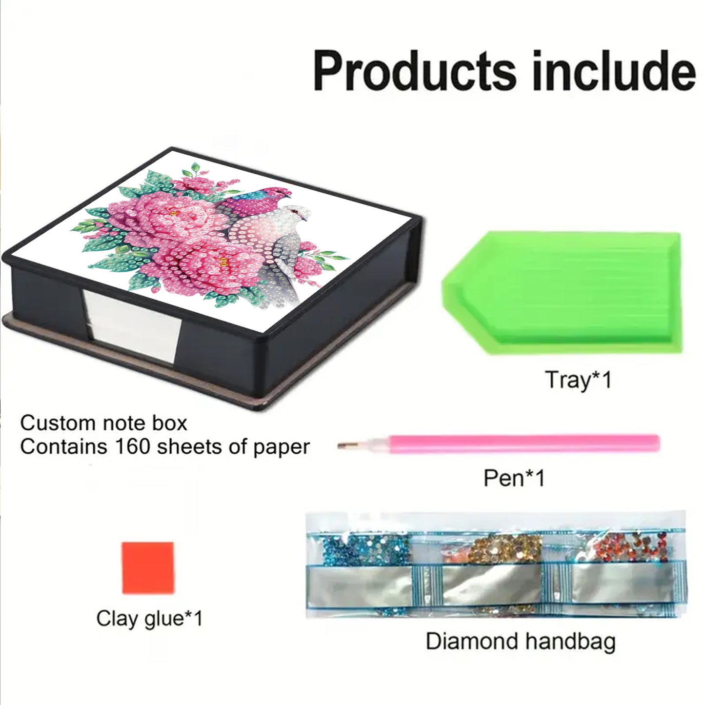 Flowers Birds PU DIY 5D Diamond Painting Note Box w/160 Sheet for Office Home(C)