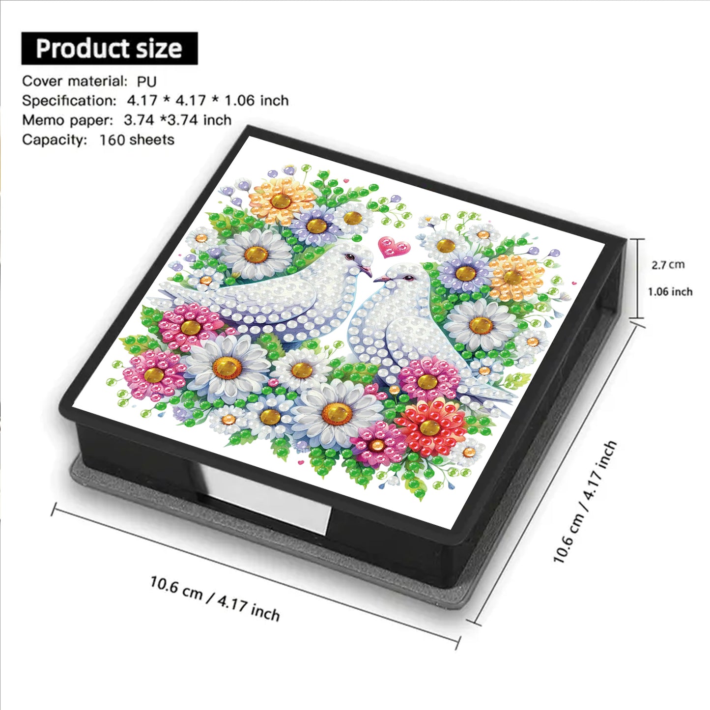 Flowers Birds PU DIY 5D Diamond Painting Note Box w/160 Sheet for Office Home(D)
