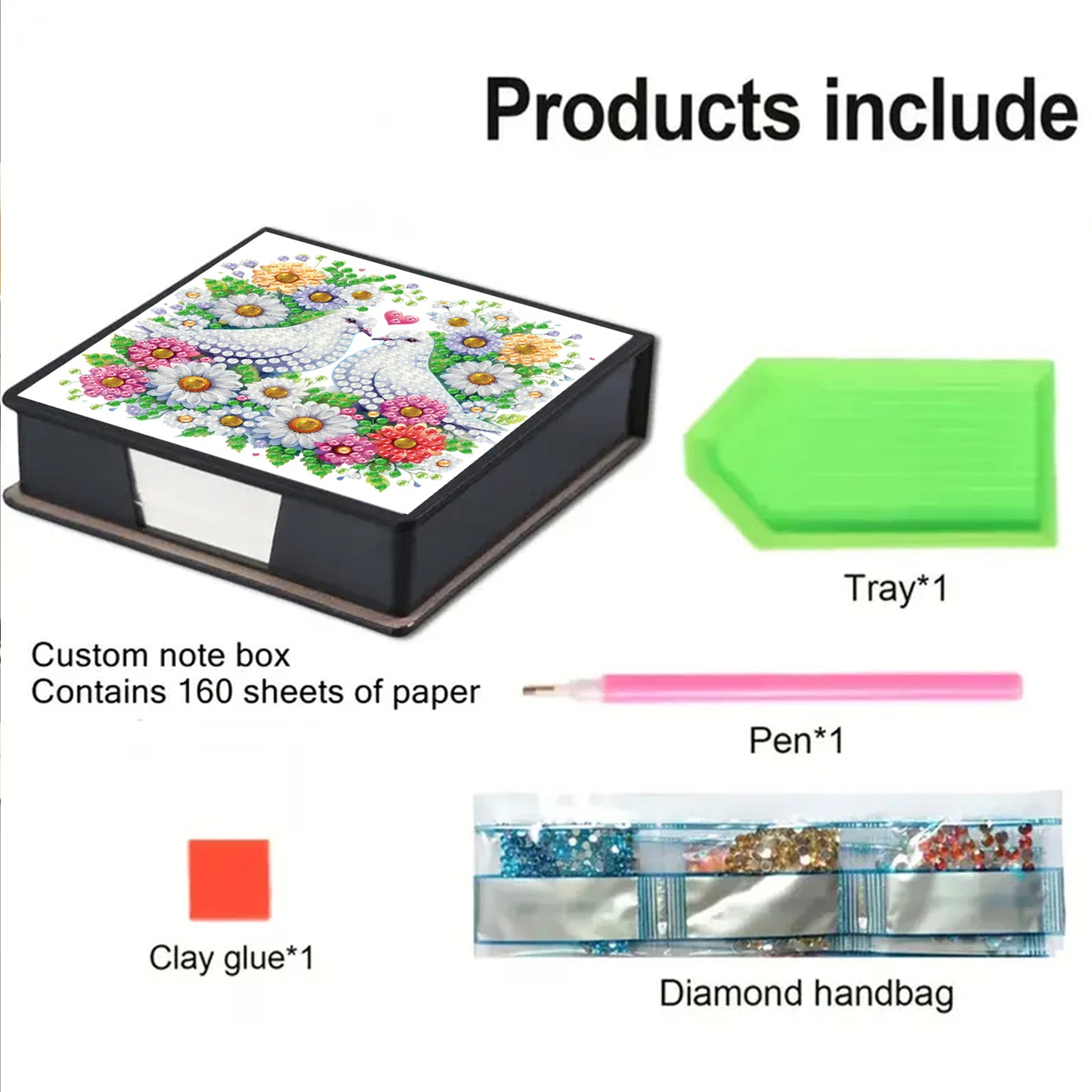 Flowers Birds PU DIY 5D Diamond Painting Note Box w/160 Sheet for Office Home(D)