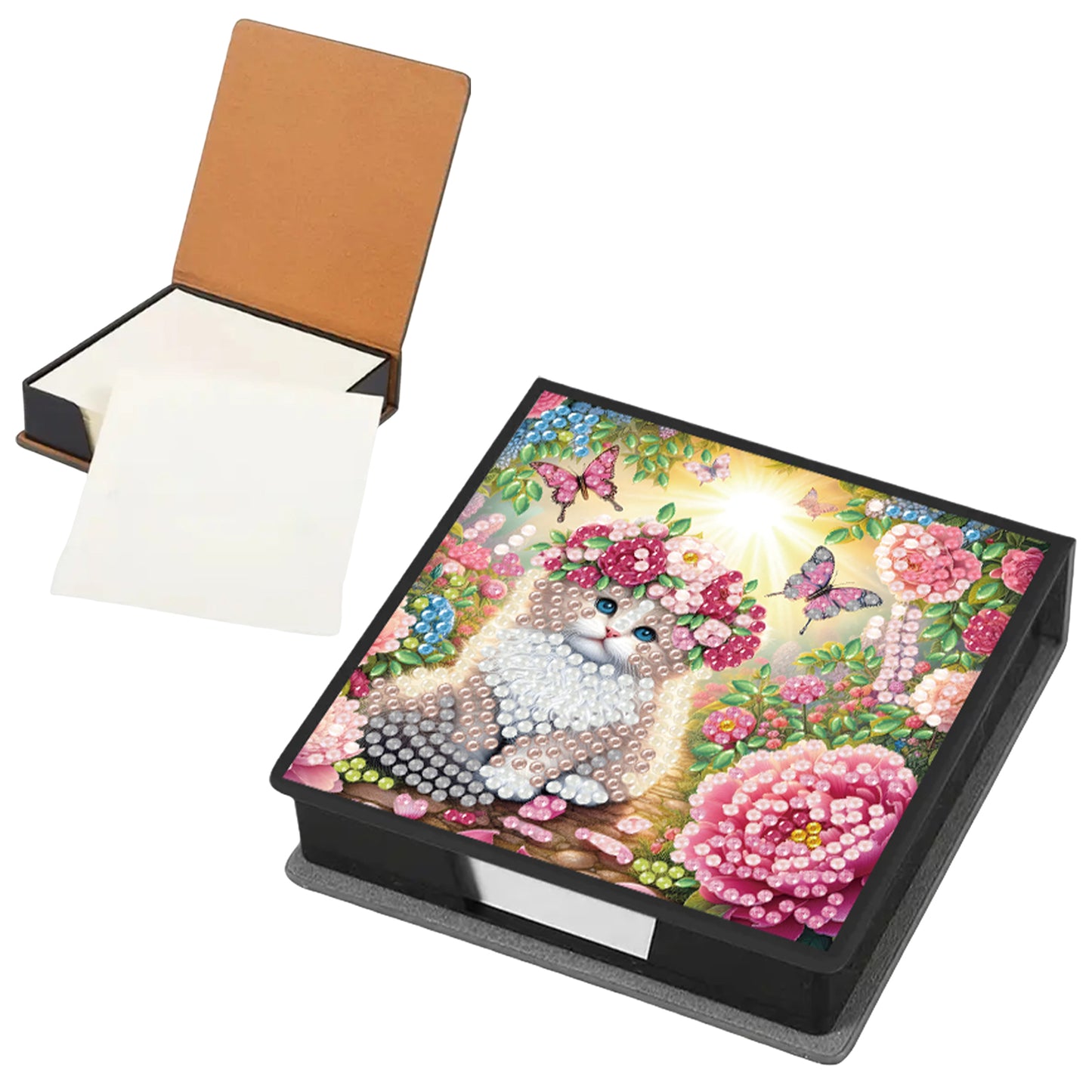 Flowers Cat PU DIY 5D Diamond Painting Note Box with 160 Sheet for Office Home