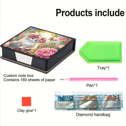 Flowers Cat PU DIY 5D Diamond Painting Note Box with 160 Sheet for Office Home