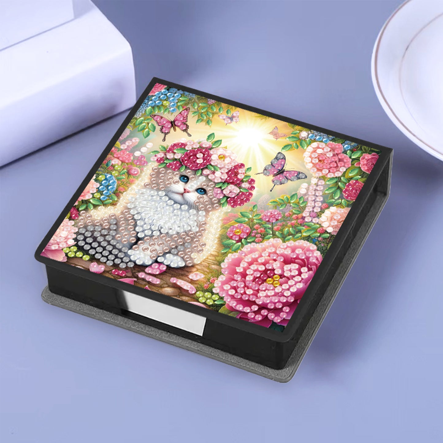 Flowers Cat PU DIY 5D Diamond Painting Note Box with 160 Sheet for Office Home