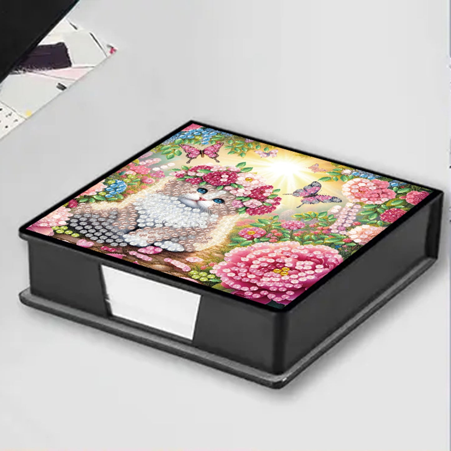 Flowers Cat PU DIY 5D Diamond Painting Note Box with 160 Sheet for Office Home