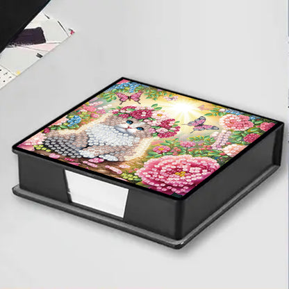 Flowers Cat PU DIY 5D Diamond Painting Note Box with 160 Sheet for Office Home