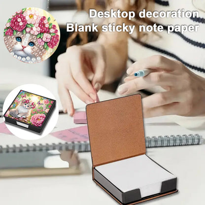 Flowers Cat PU DIY 5D Diamond Painting Note Box with 160 Sheet for Office Home