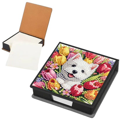 Dogs Tulips PU DIY 5D Diamond Painting Note Box with 160 Sheets for Office Home