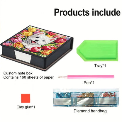 Dogs Tulips PU DIY 5D Diamond Painting Note Box with 160 Sheets for Office Home