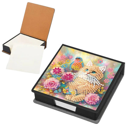 Cats Flowers PU DIY 5D Diamond Painting Note Box with 160 Sheets for Office Home