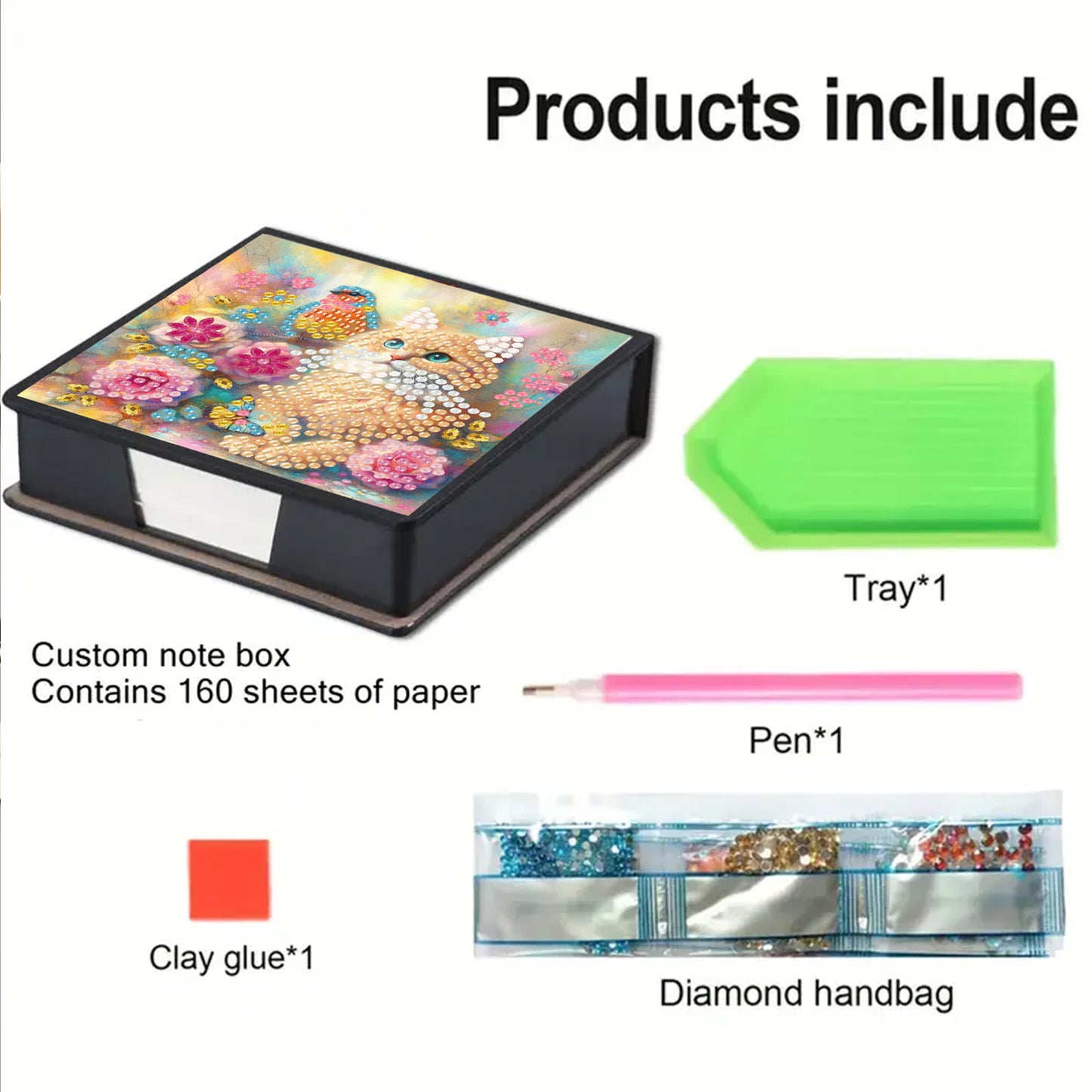 Cats Flowers PU DIY 5D Diamond Painting Note Box with 160 Sheets for Office Home