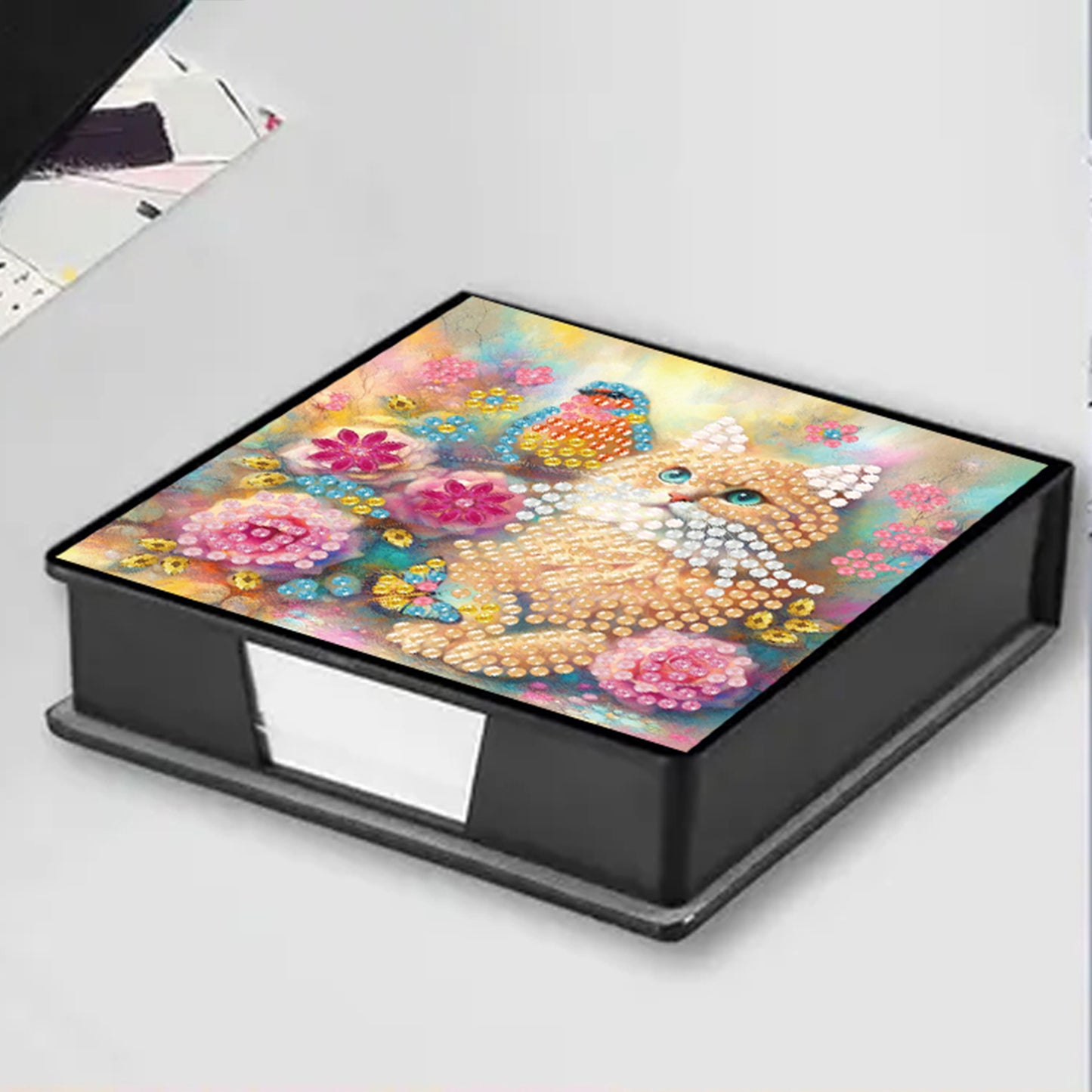 Cats Flowers PU DIY 5D Diamond Painting Note Box with 160 Sheets for Office Home