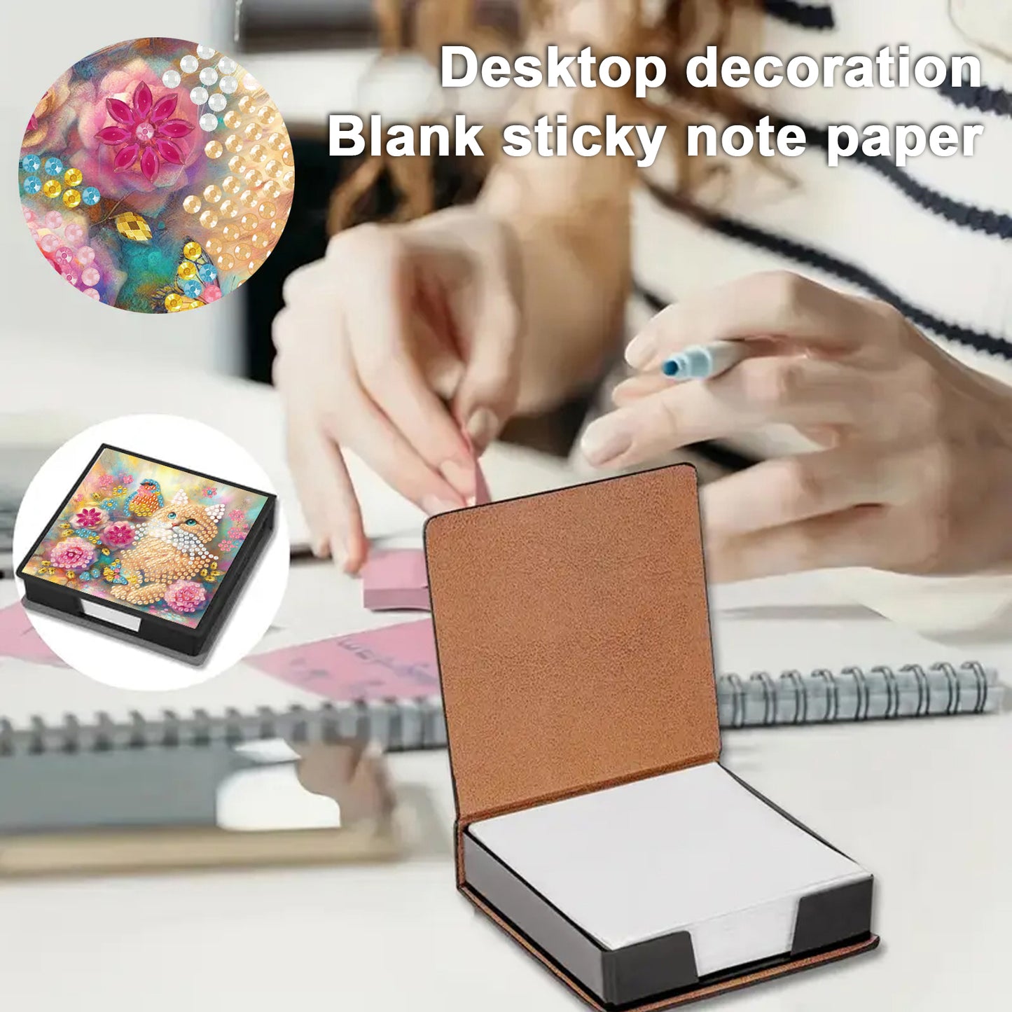 Cats Flowers PU DIY 5D Diamond Painting Note Box with 160 Sheets for Office Home