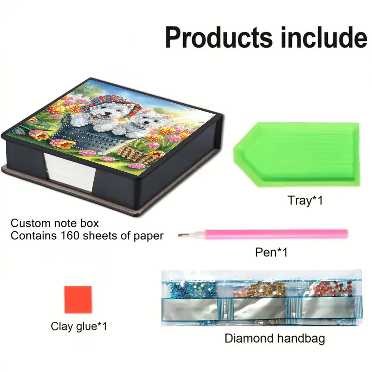 Dogs Flowers PU DIY 5D Diamond Painting Note Box with 160 Sheets for Office Home