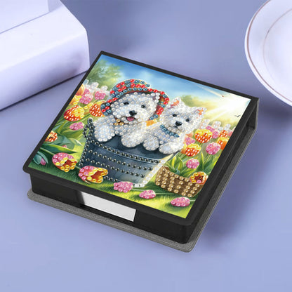Dogs Flowers PU DIY 5D Diamond Painting Note Box with 160 Sheets for Office Home