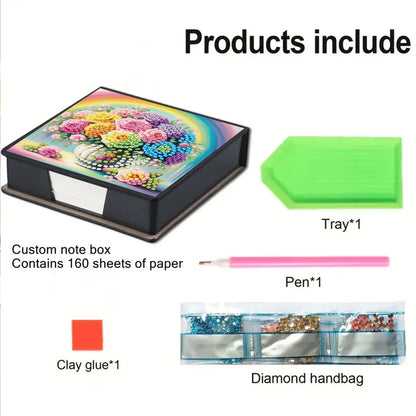 Flowers Rainbows PU DIY 5D Diamond Painting Note Box with 160 Sheets for Office