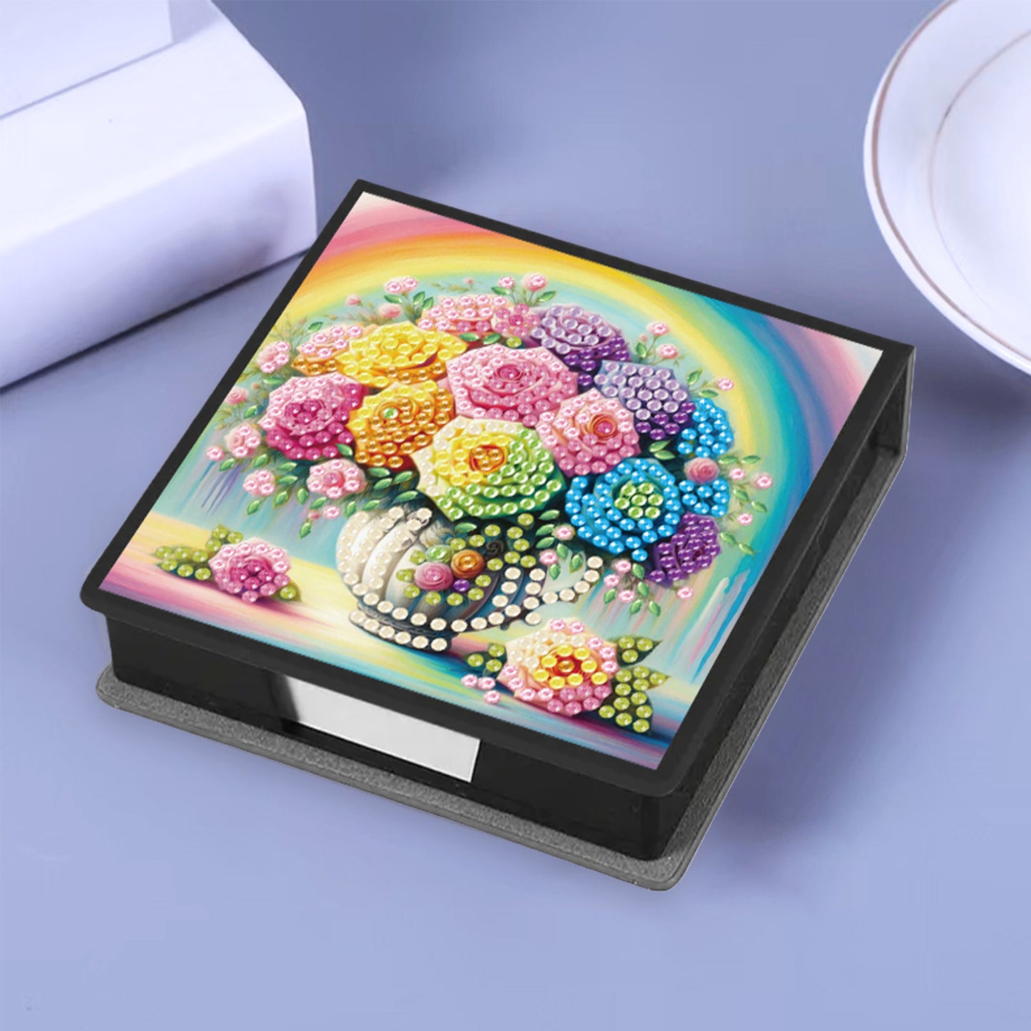 Flowers Rainbows PU DIY 5D Diamond Painting Note Box with 160 Sheets for Office